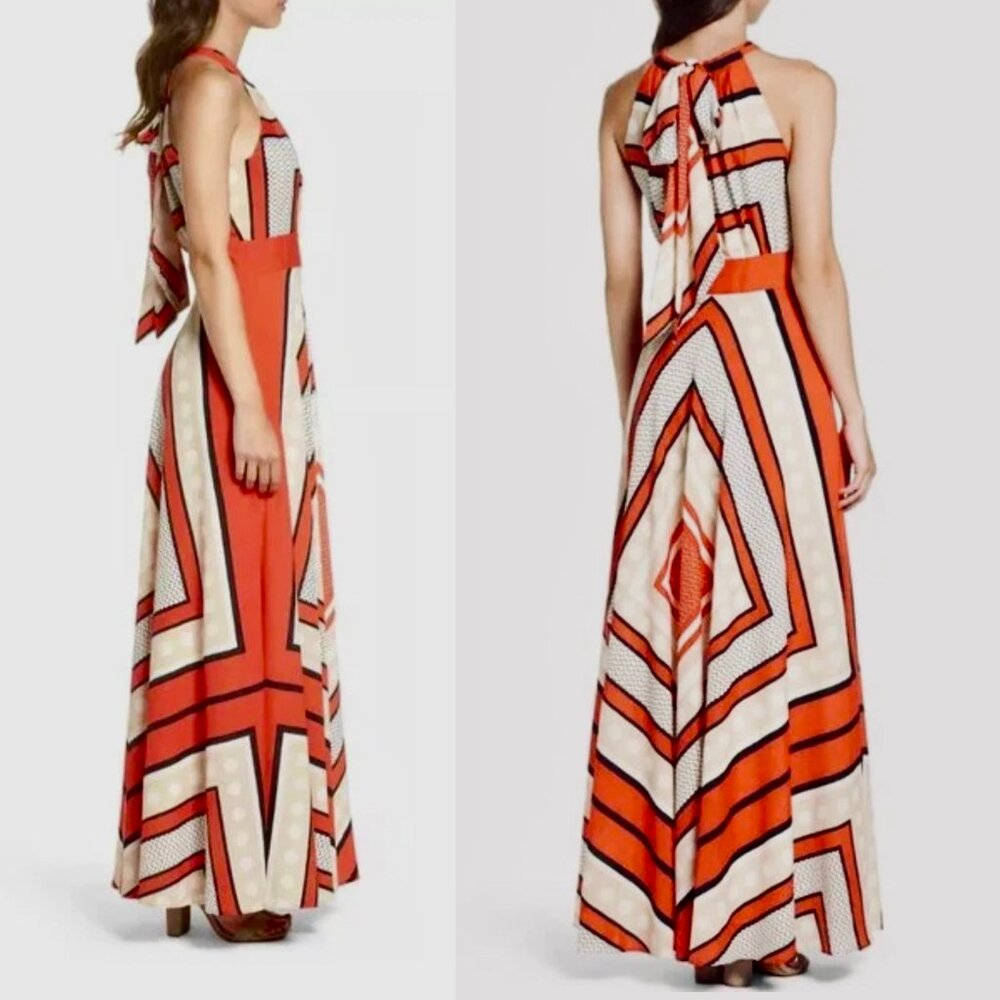 Eliza J Scarf Print Crepe De Chine Fit And Flare Maxi Dress Size 6 / Glamoratti - Picture 15 of 16